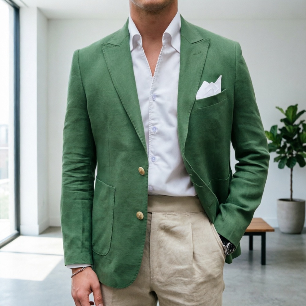 Men'S Semi Formal Office Wear - Linnen saliegroene herenpakken, 2-delig, slim fit,